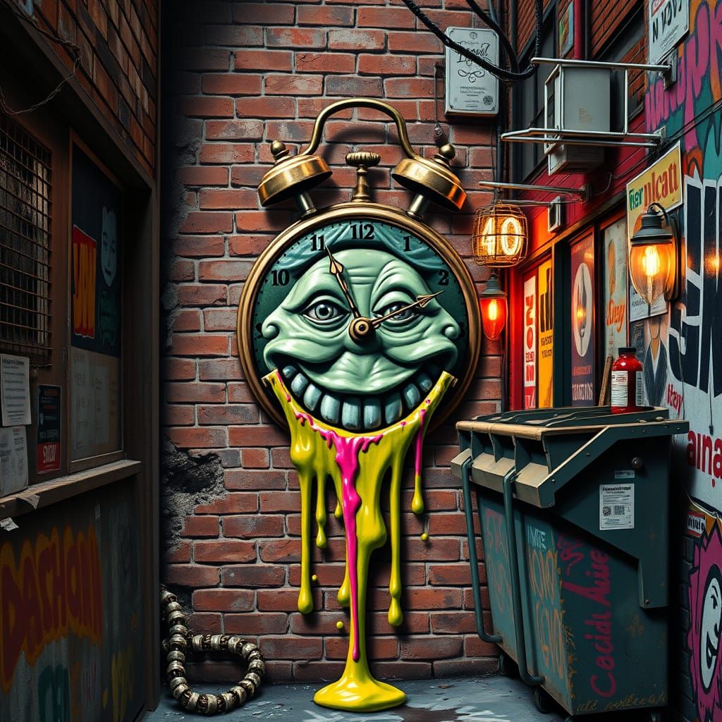 Surrealist Cannabis Clock Melts Down Brick Wall in Grungy Al...