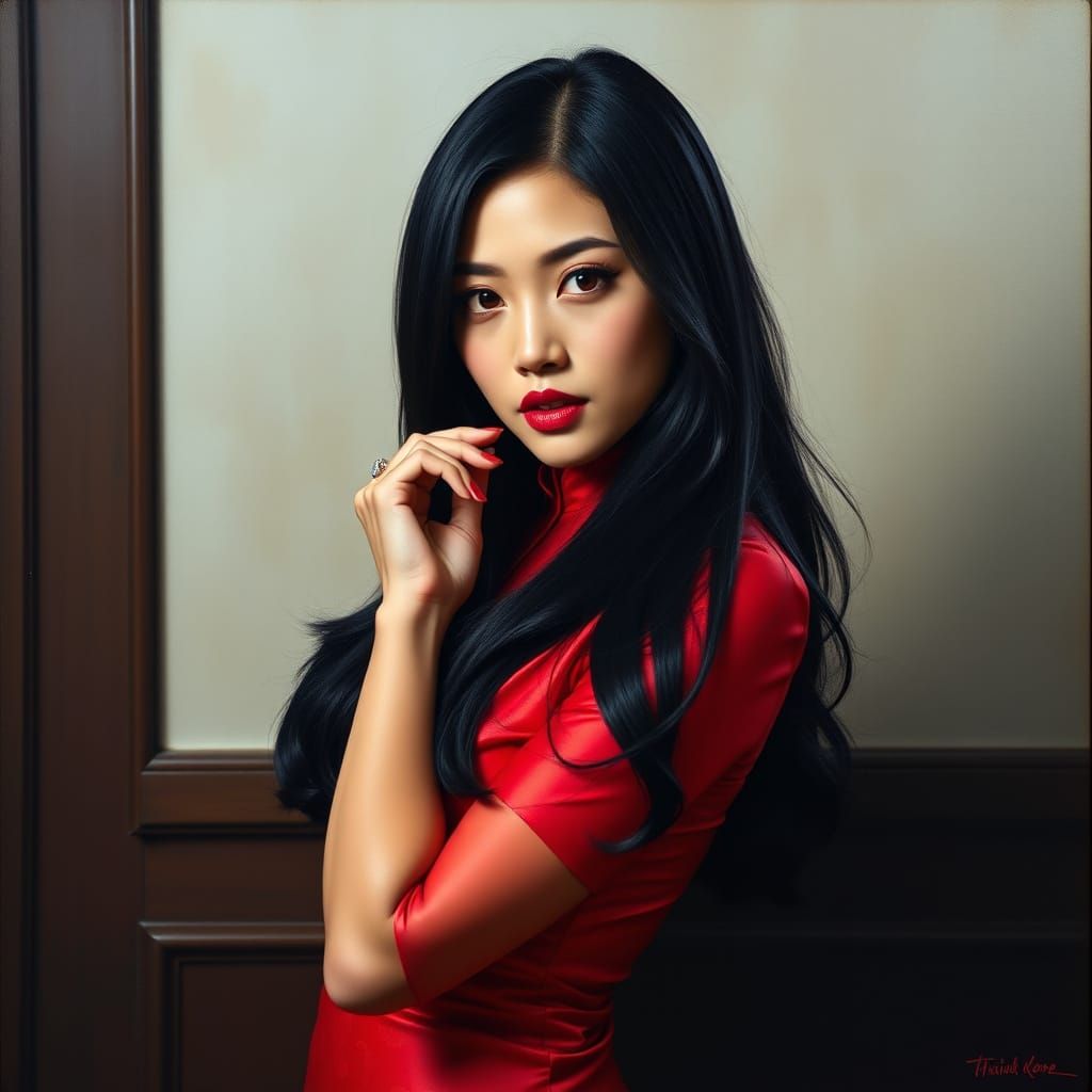 Sultry Asian Beauty in Elegant Red Cheongsam
