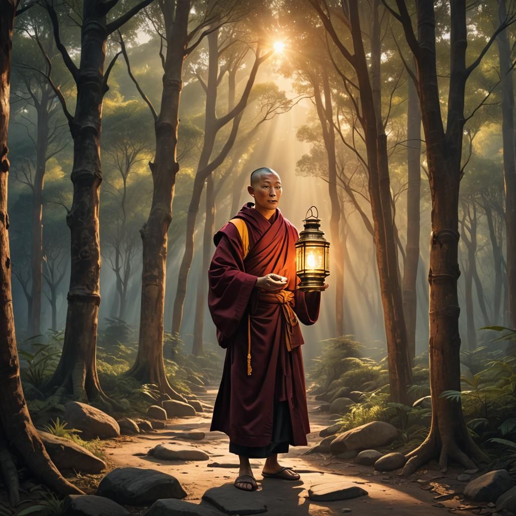Monk with Art Deco Lantern in Forest, Hyperrealistic