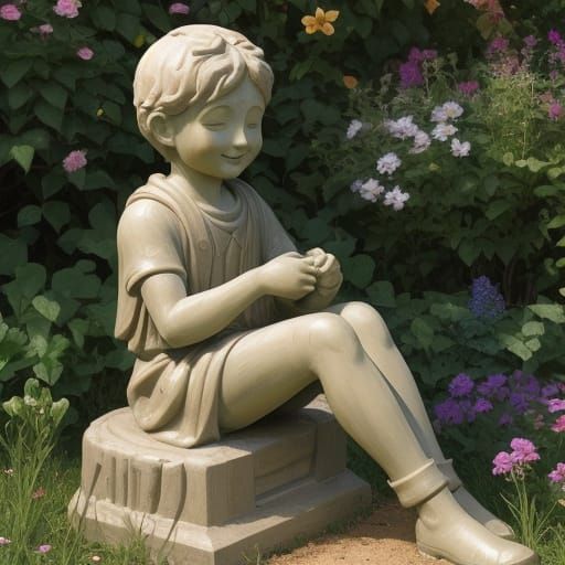Clay Statue of Cheerful Boy in Garden