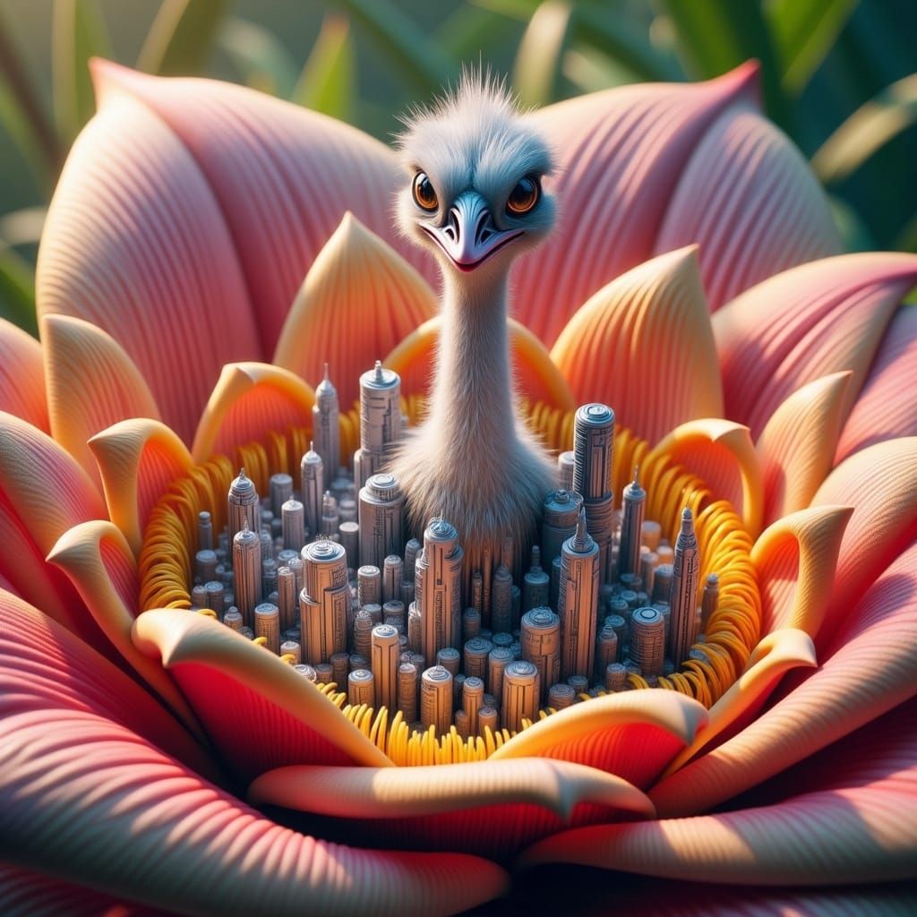 Colorful Ostrich on Giant Flower
