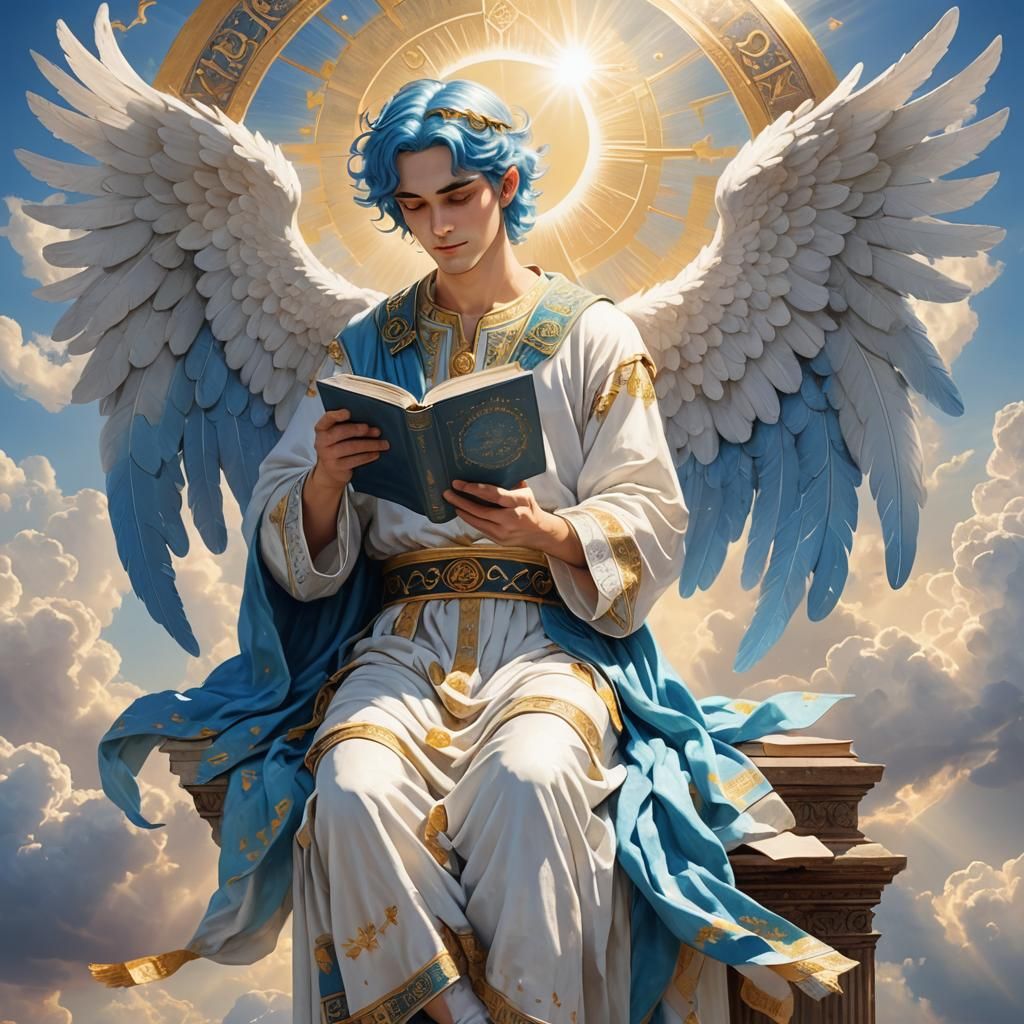 Blue-Haired Angel Reading in Divine Light