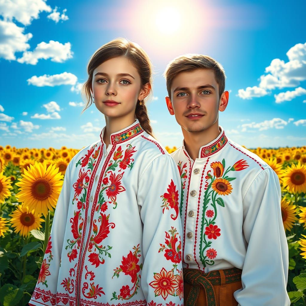 Ukrainian Couple in Sunflower Field: Hyperrealistic Art