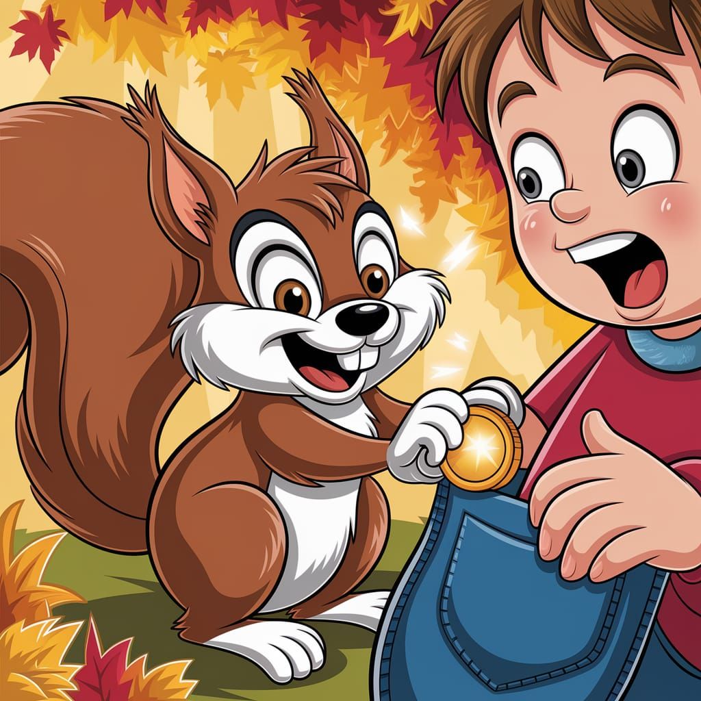 Cartoon Squirrel Steals Gold Coin from Boy