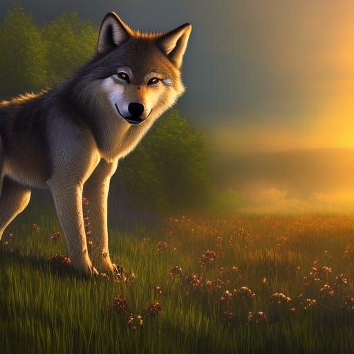 Hyperrealistic Wolf Cub in Sunset Meadow