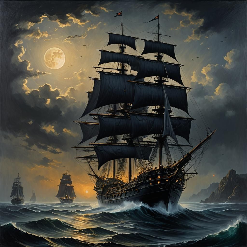 Black Pearl Sails Eerie Sea: Ethereal Oil Painting