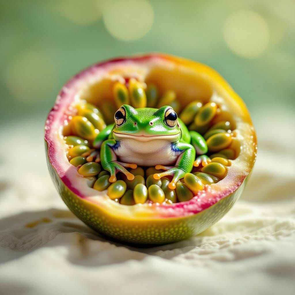 Vibrant Frog in Passionfruit Macro Photo