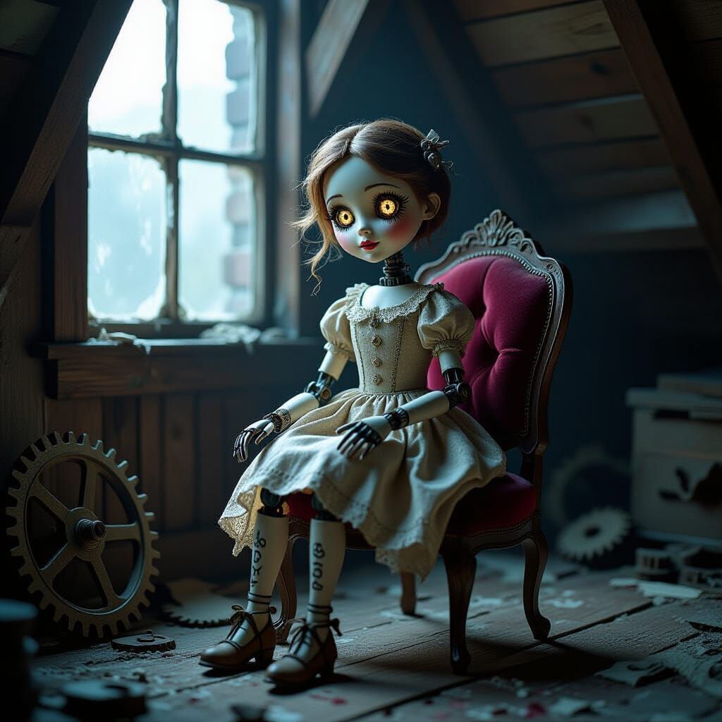 Eerie Marionette Girl in Attic, Dark Fantasy Style
