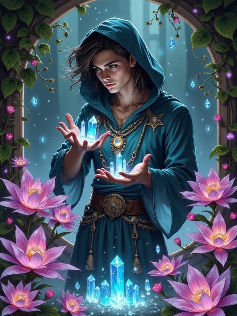 Enigmatic Crystal Cultivator in a Futuristic Mystic Realm