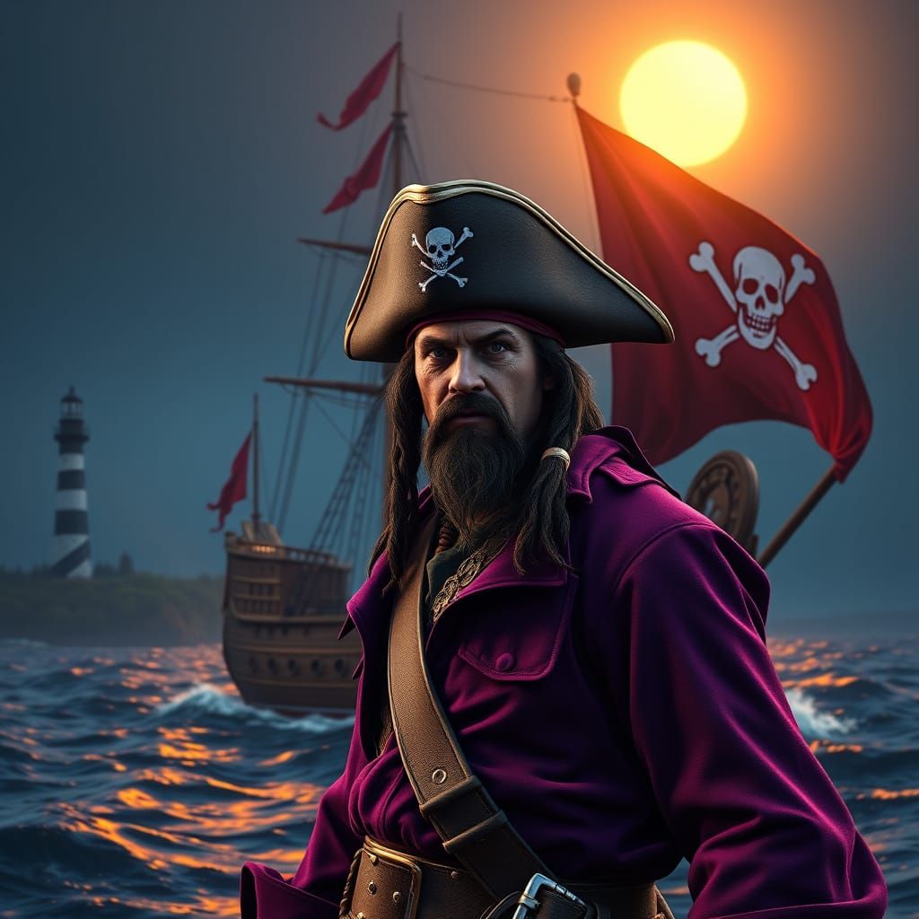 Pirate with Rich Plum-Purple Attire, Majestic Ship, and Joll...
