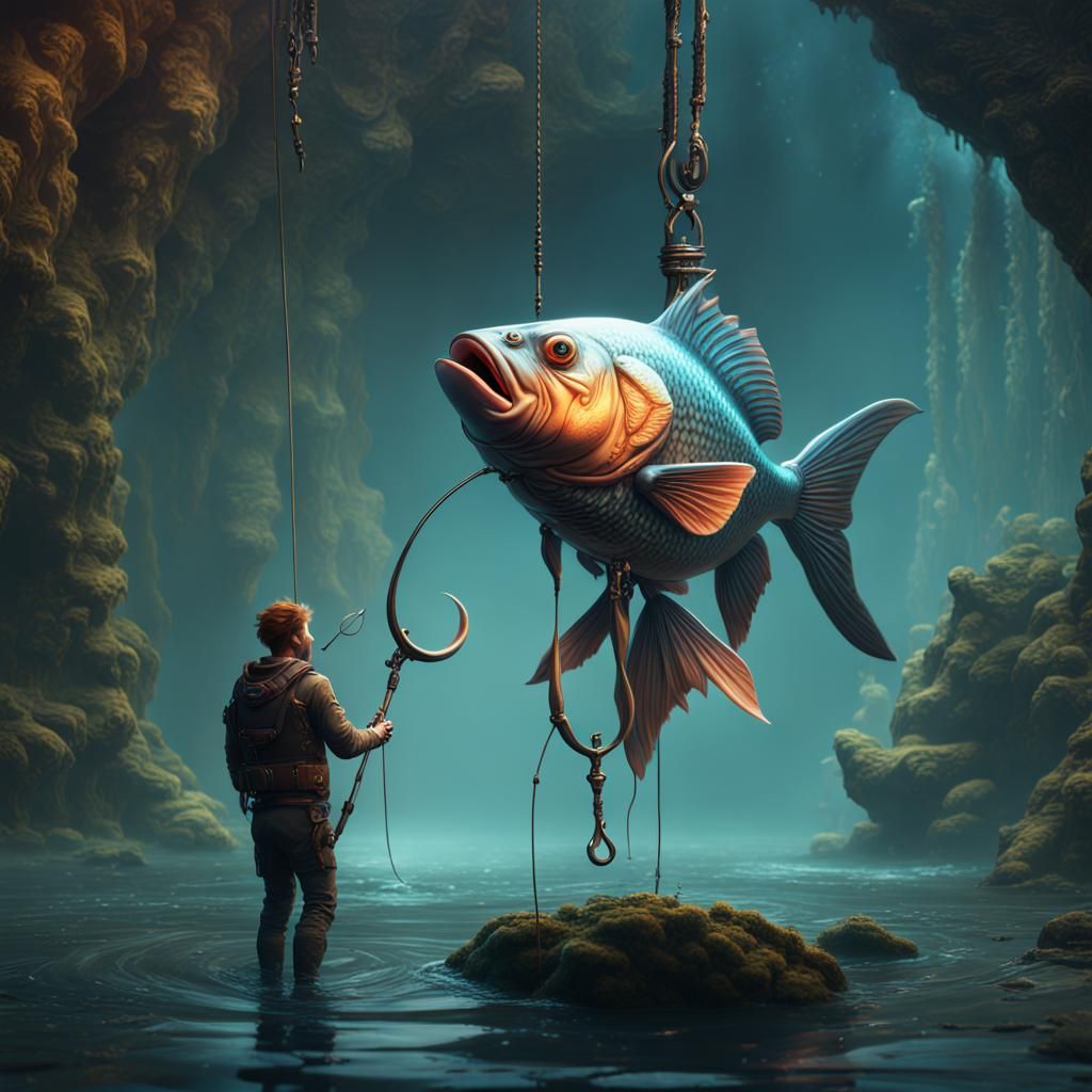 Humanoid Fish Catches Human: Fantasy Concept Art