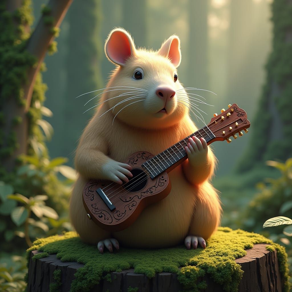 Capybara Guitarist in Mystical Forest: Hyperrealistic Image