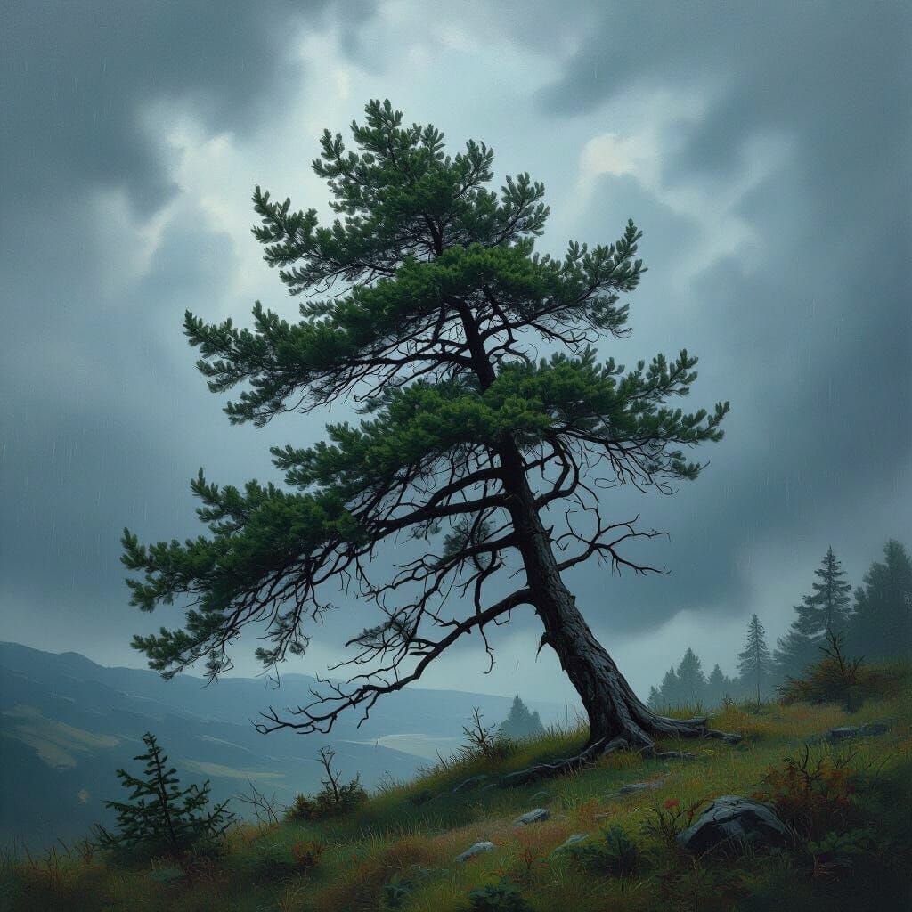 Stormy Spruce Tree in Impressionist Style