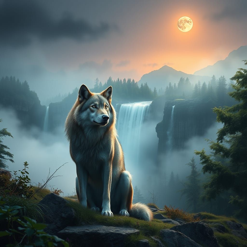 Majestic Wolf Basks in Ethereal Moonlit Glow Amidst Cascadin...