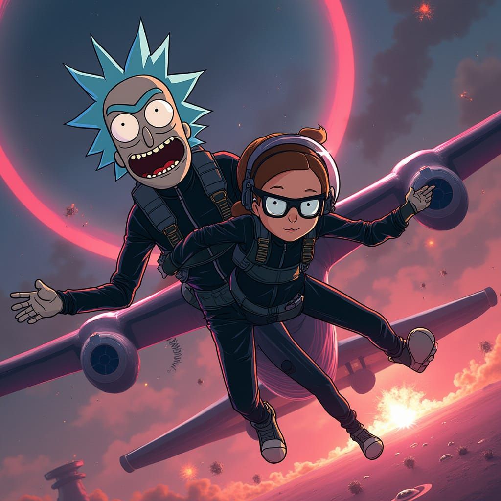 Rick and Morty Skydiving Amidst Colliding Planets in Cyberpu...