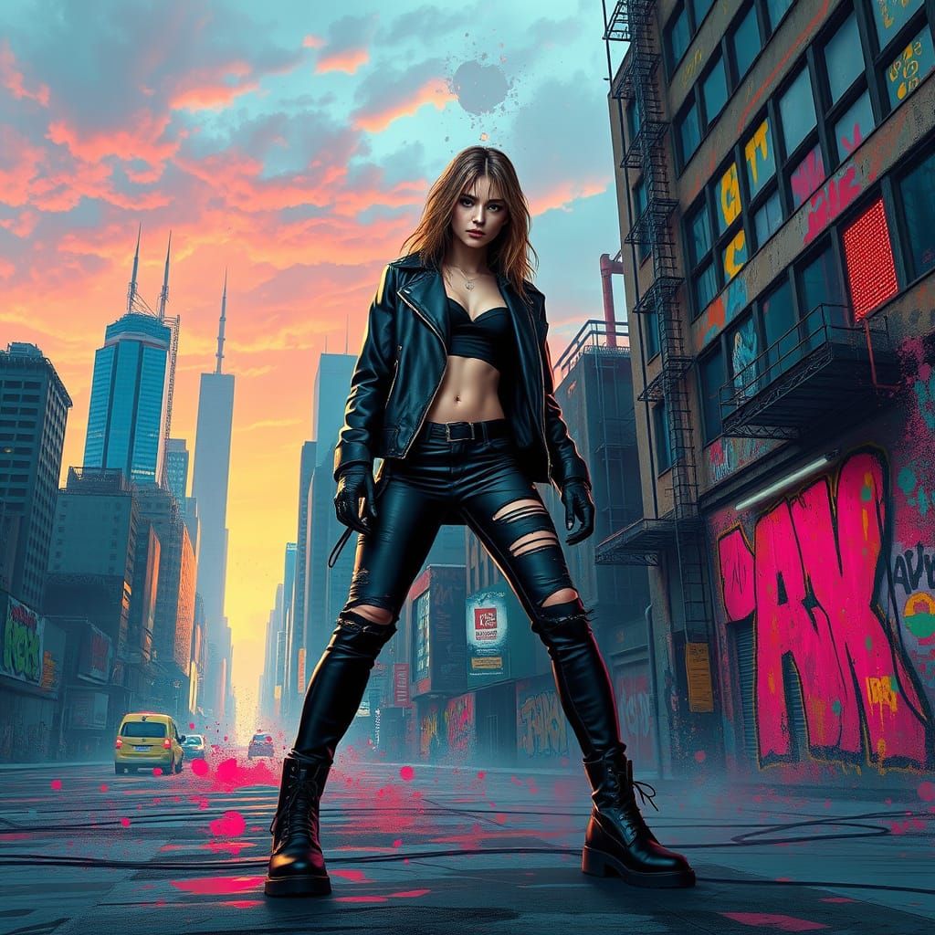 Cool Female Model in Cyberpunk Cityscape with Graffiti Art
