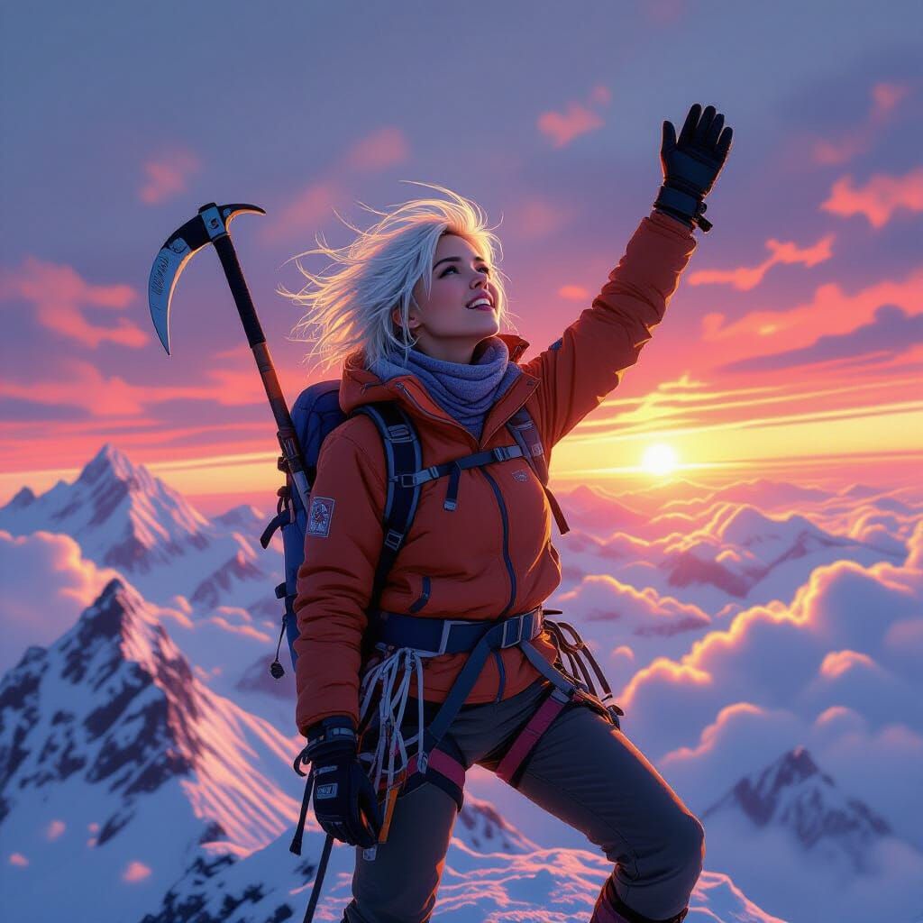 Woman on Mountain Peak at Dawn, Atmospheric Landscape