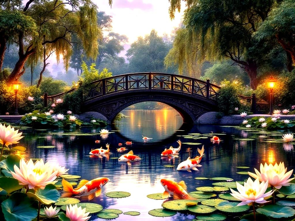 Surreal Landscape with Vibrant Peacocks and Lotus Blooms und...
