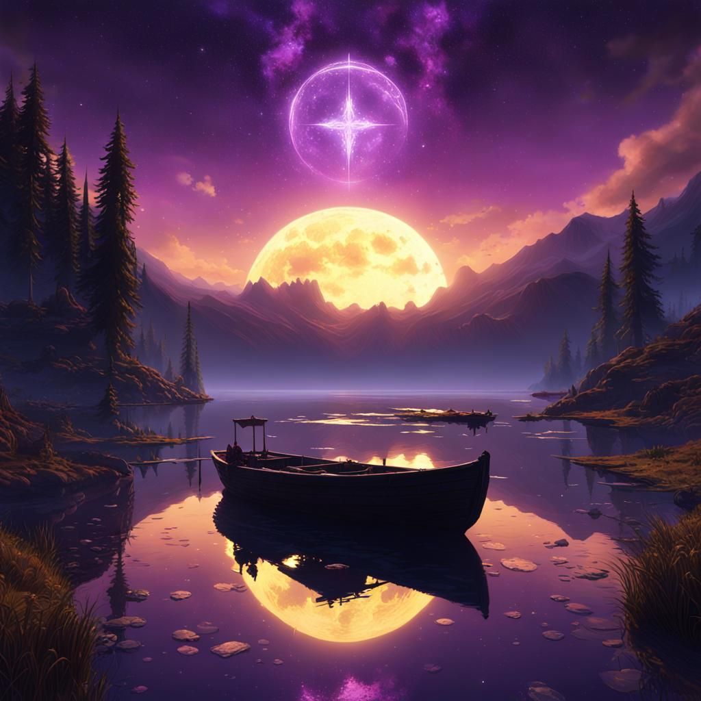 Lonely Star Reflecting Over Lake, Fantasy Art