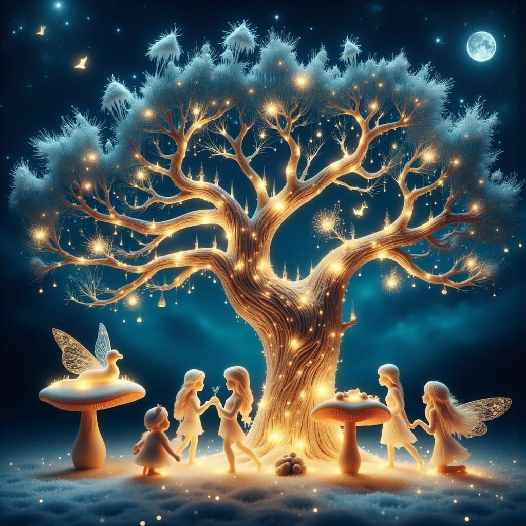 Mythical Fairies Gather in Snowy Wonderland with Firefly Lig...