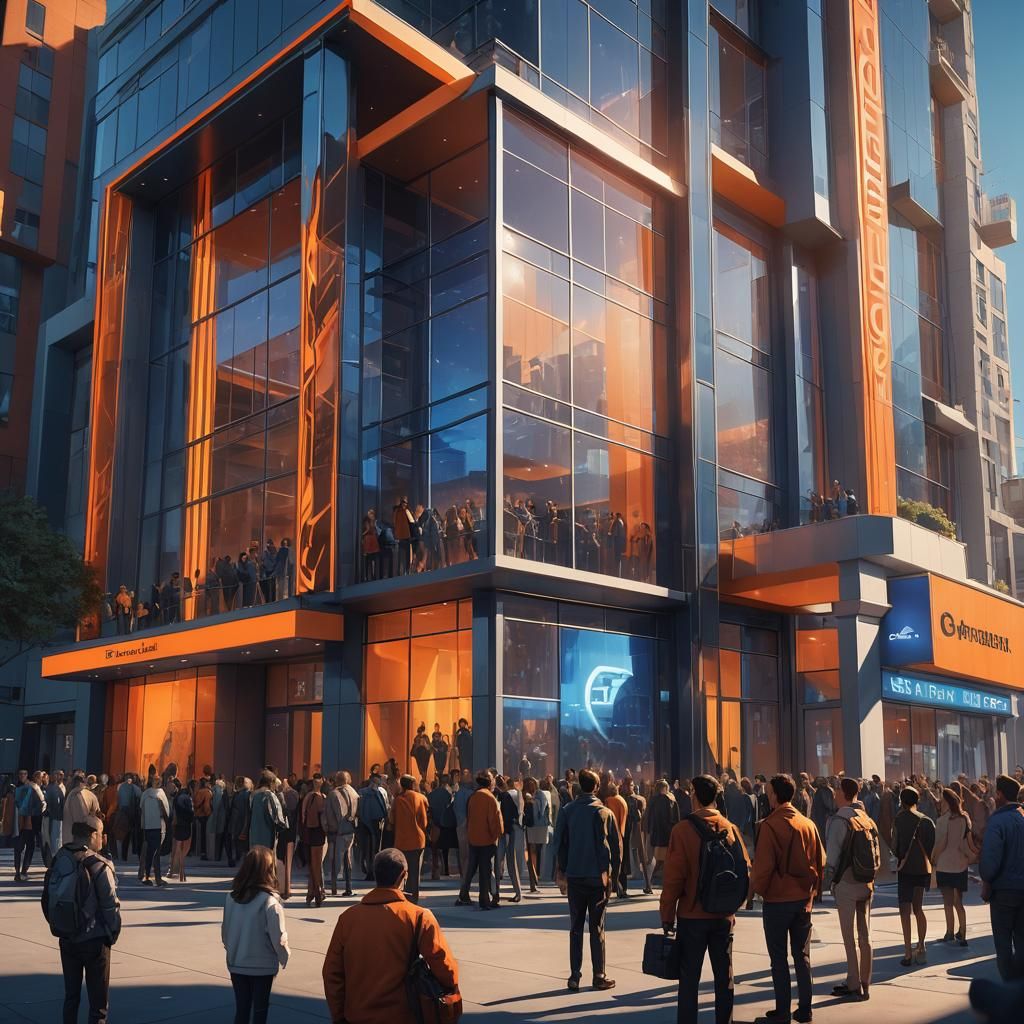 Futuristic Cityscape: People Await in Warm Evening Light