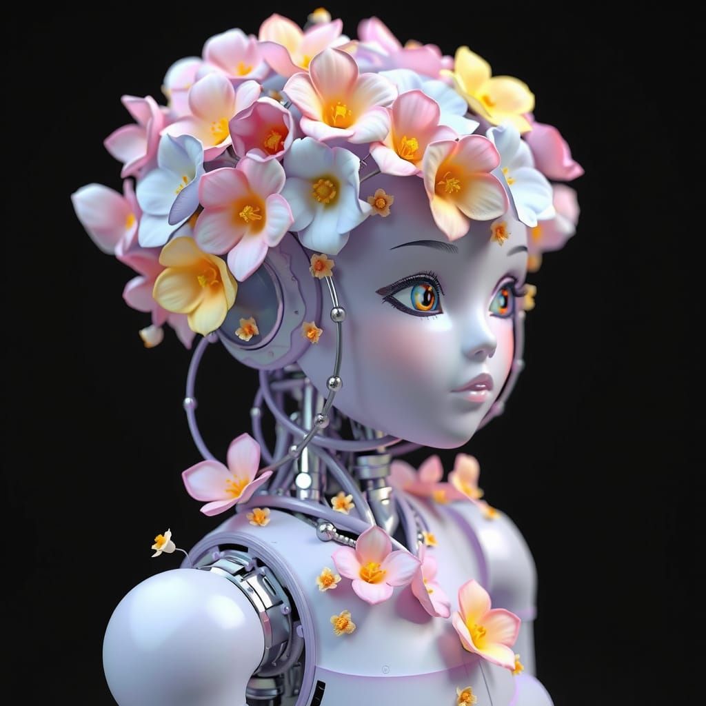 Whimsical Robot Girl in a Floral Wonderland