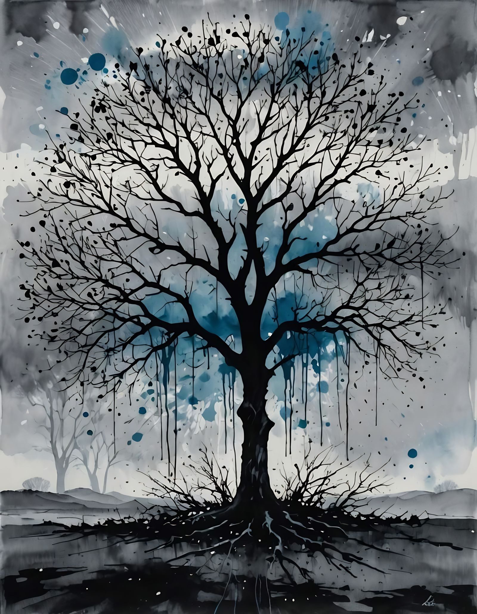 Abstract Ink Splatter Art: Winter's Approach