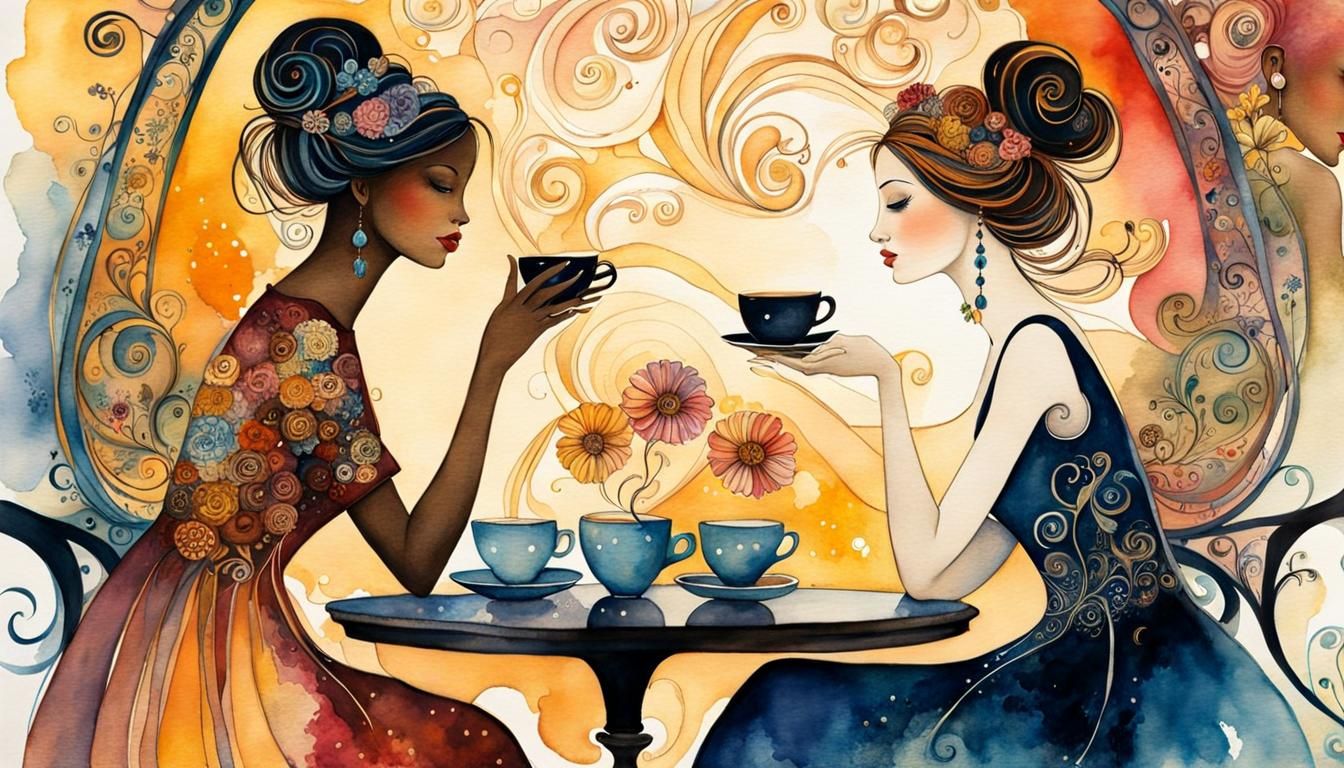 Paris Coffee Shop Conversation in Watercolor Folk Art