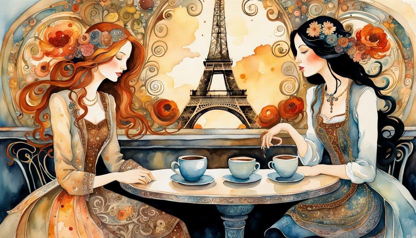 Paris Coffee Shop Conversation in Watercolor Folk Art