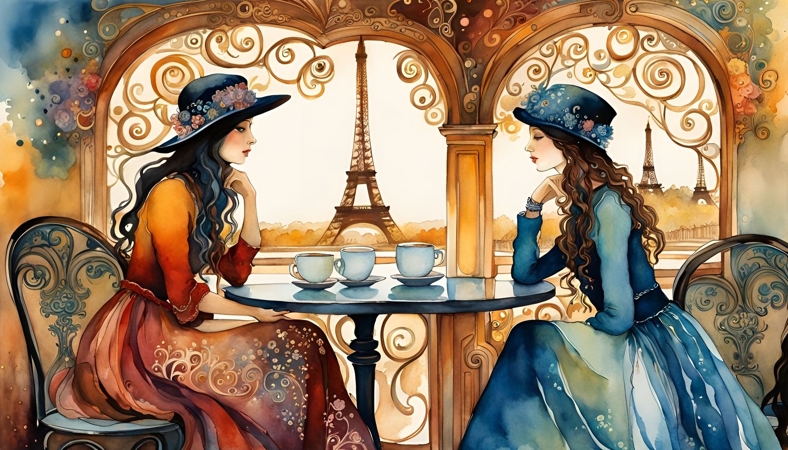 Paris Coffee Shop Conversation in Watercolor Folk Art
