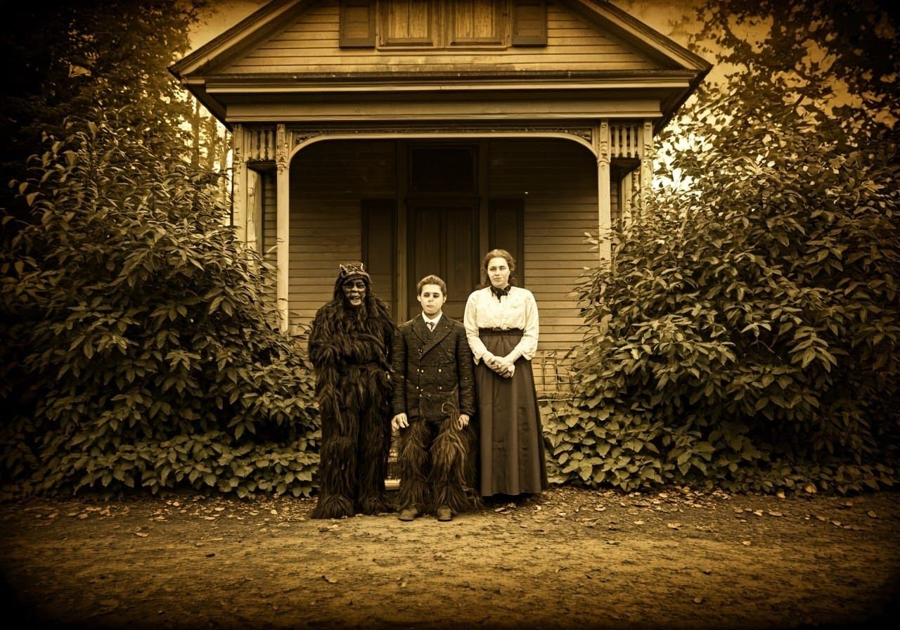 Vintage Family Portrait with Krampus in Daguerreotype Style