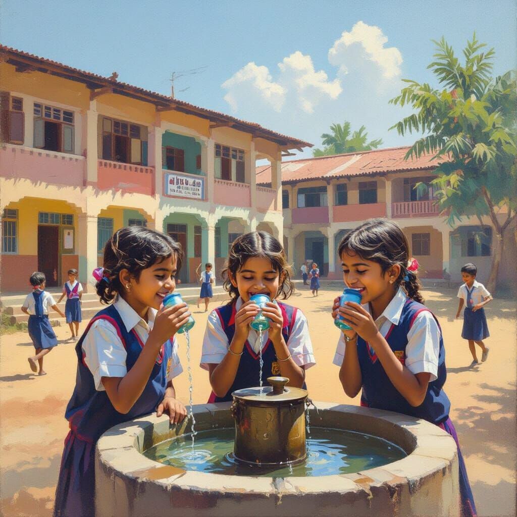 Joyful Bangladeshi School Children Drink Water in Oil Painti...