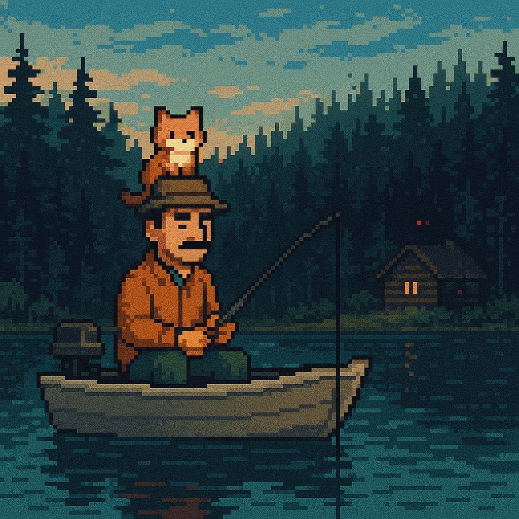 Fisherman and Cat in 8-Bit Pixel Art Style