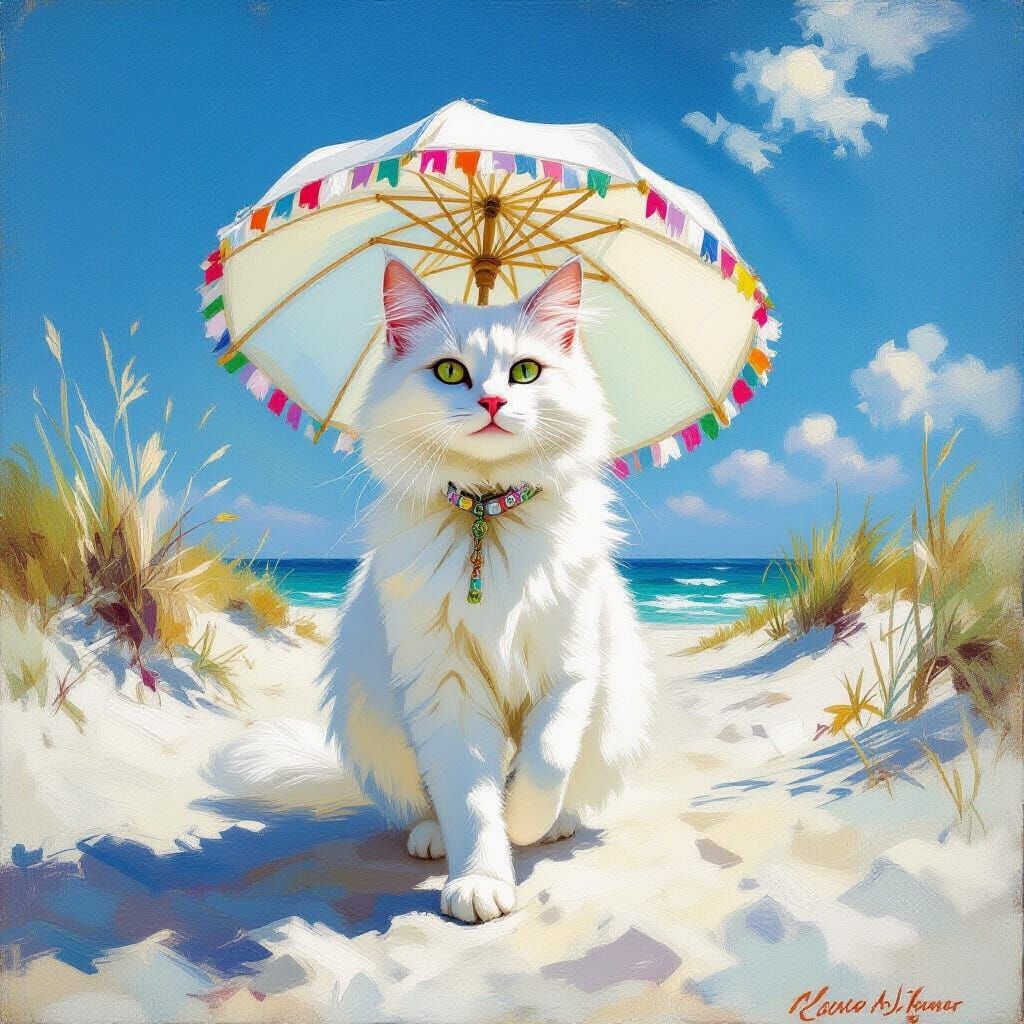 White Cat with Parasol in Impressionist Desert
