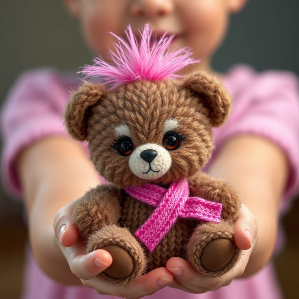 Child Holding Cute Bear with Pink Awareness Ribbon