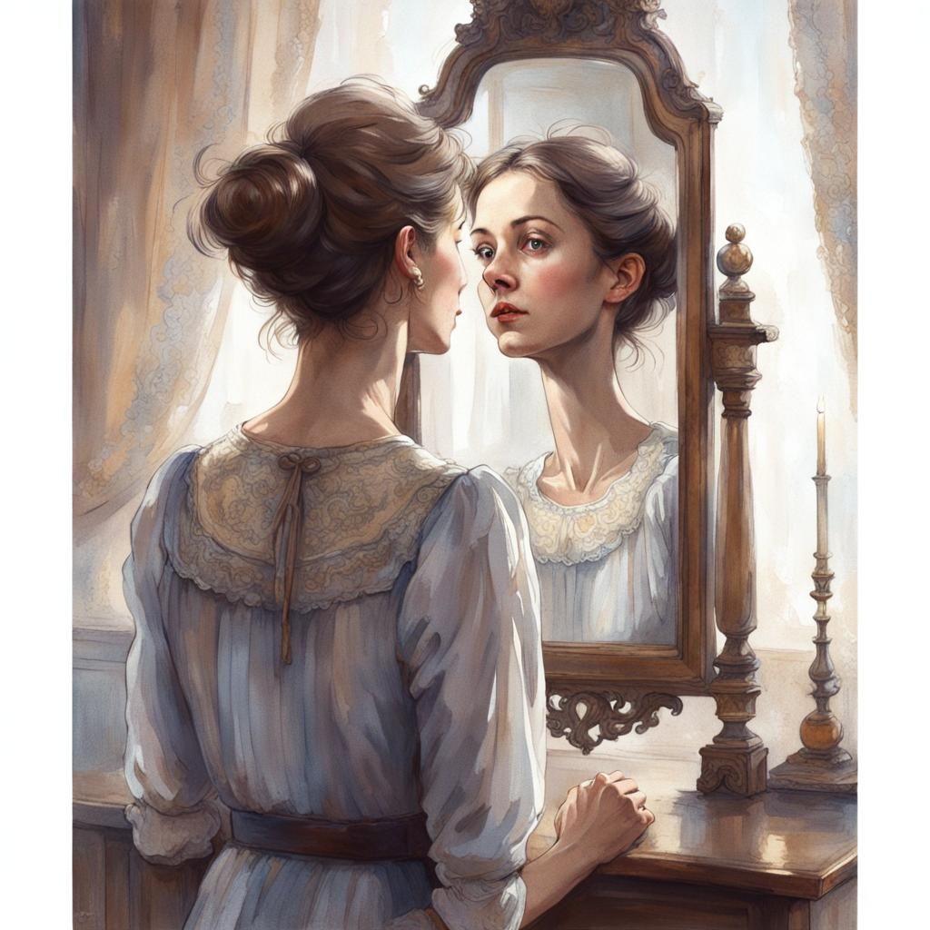 Tired Woman in Antique Room Reflection