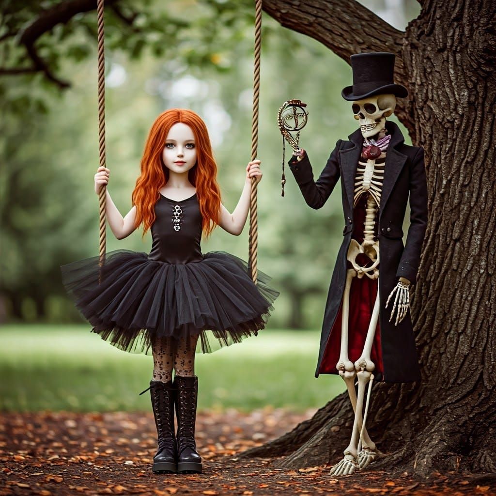 Goth Girl and Skeleton on a Swing