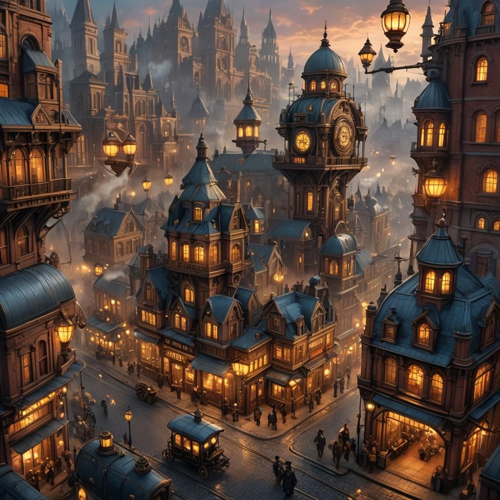 Steampunk Cityscape at Dusk with Victorian Architecture