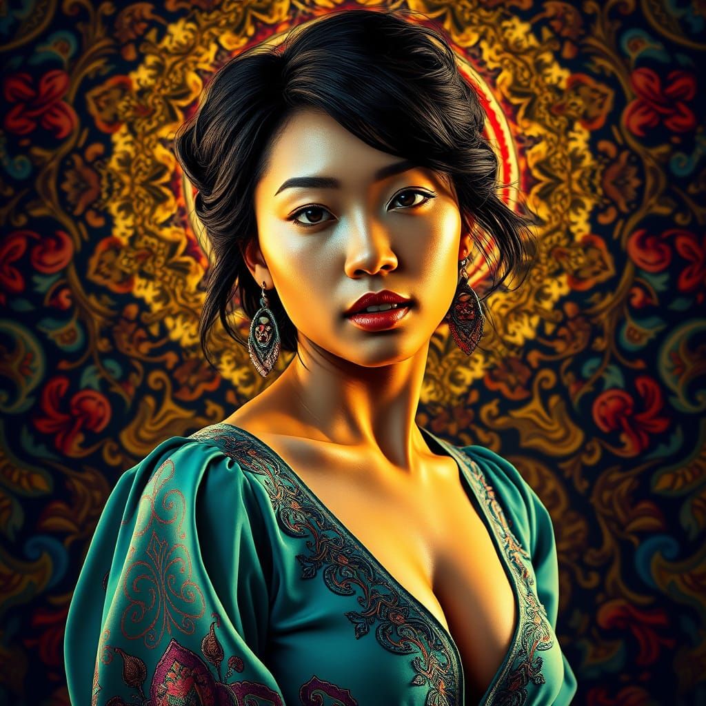 Portrait of Woman in Teal Dress, Fantasy Realism