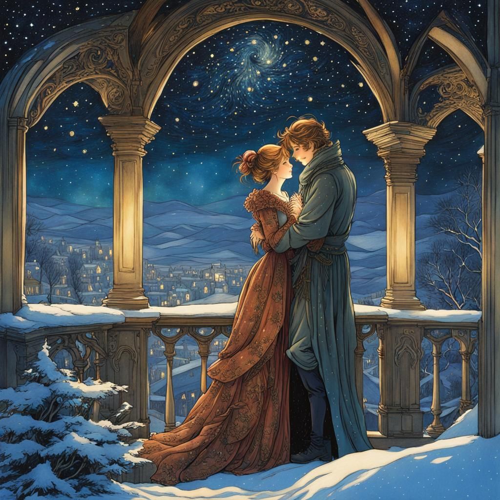 Enchanting Embrace Under a Starry Winter Sky