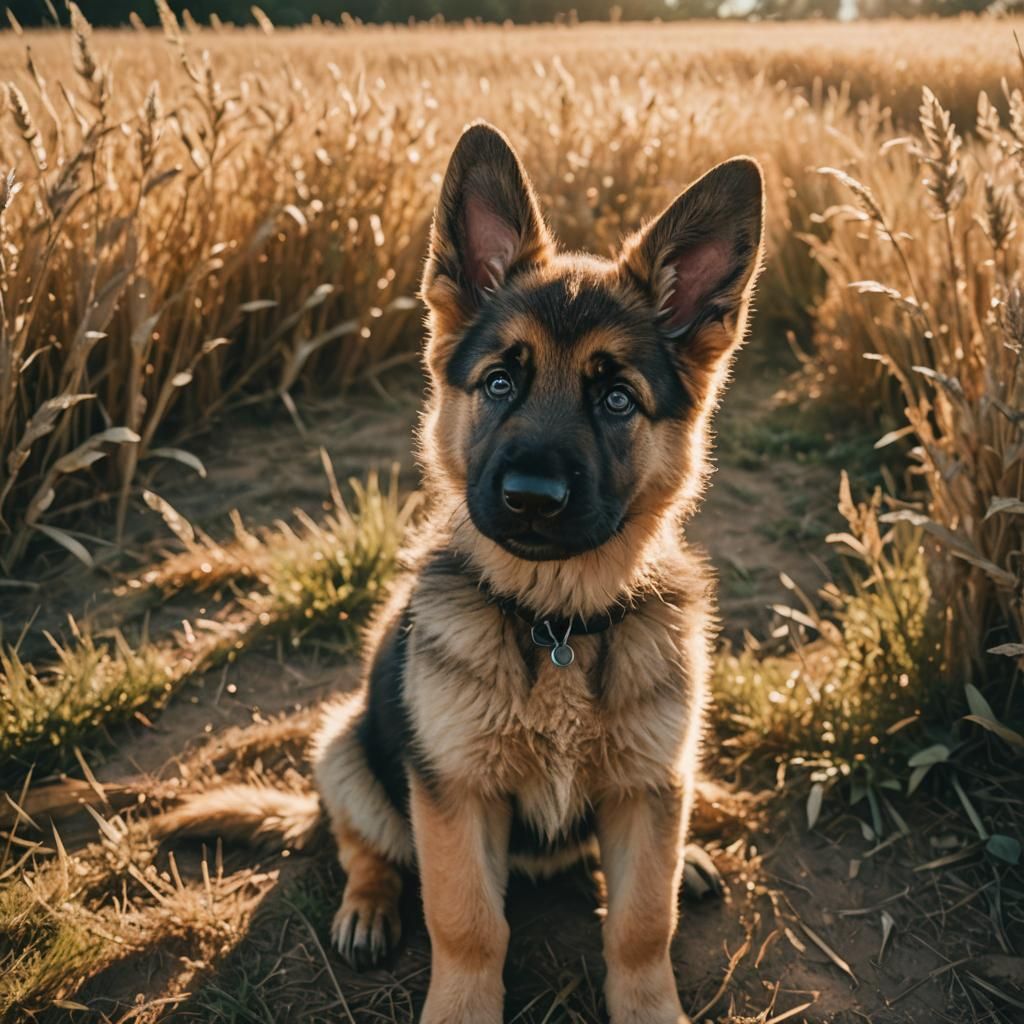 German Shepherd Puppy in Sun-Drenched Field