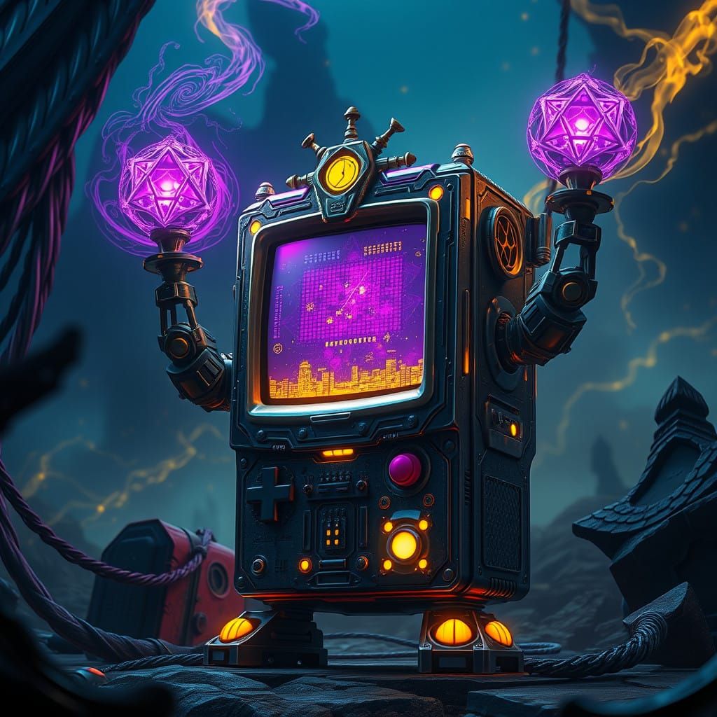 Ethereal Dark Fantasy BMO Heroic Scene in Cyberpunk Style
