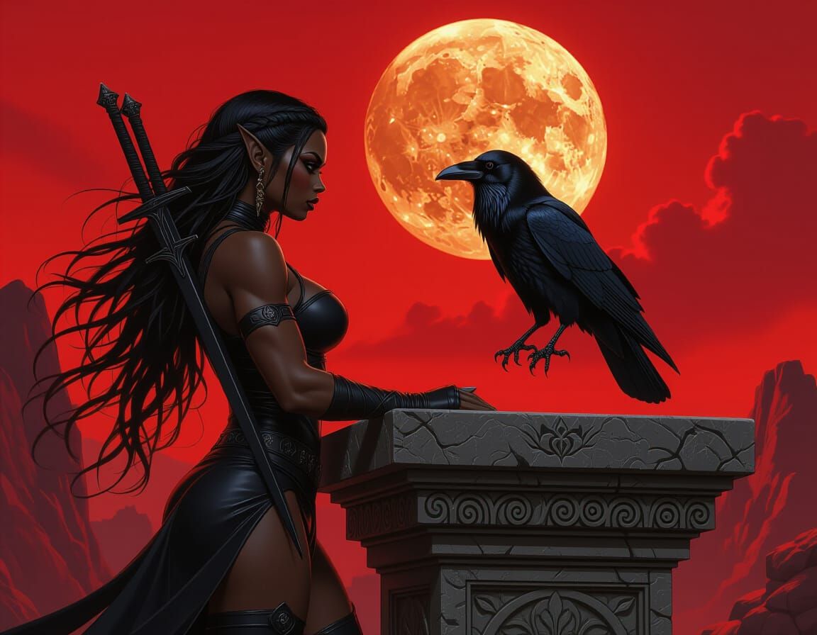 Muscular Drow Elf Warrior with Raven Under Red Moon