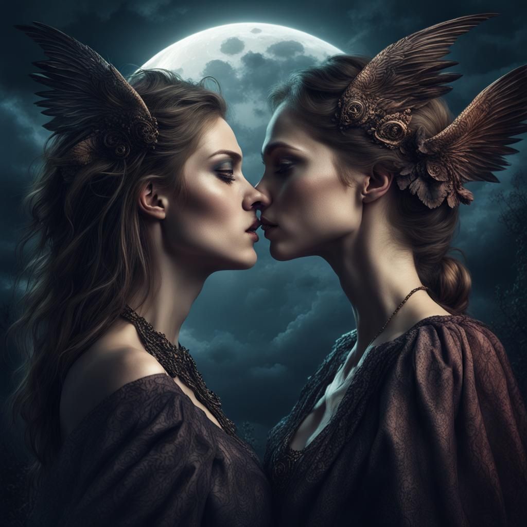 Passionate Kiss Under the Moon: Dark Fantasy Illustration