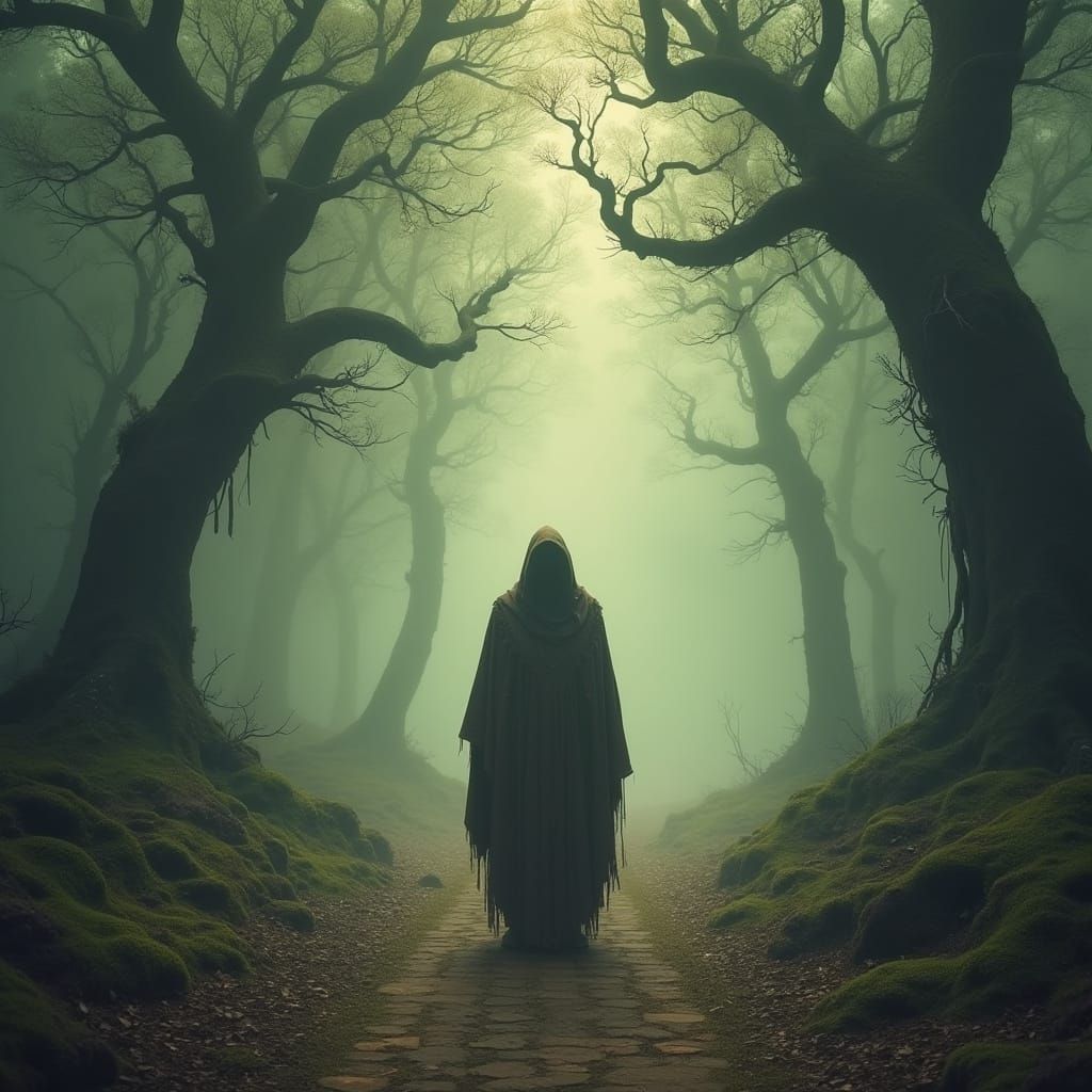 Mystical Figure at the Crossroads in a Misty Forest