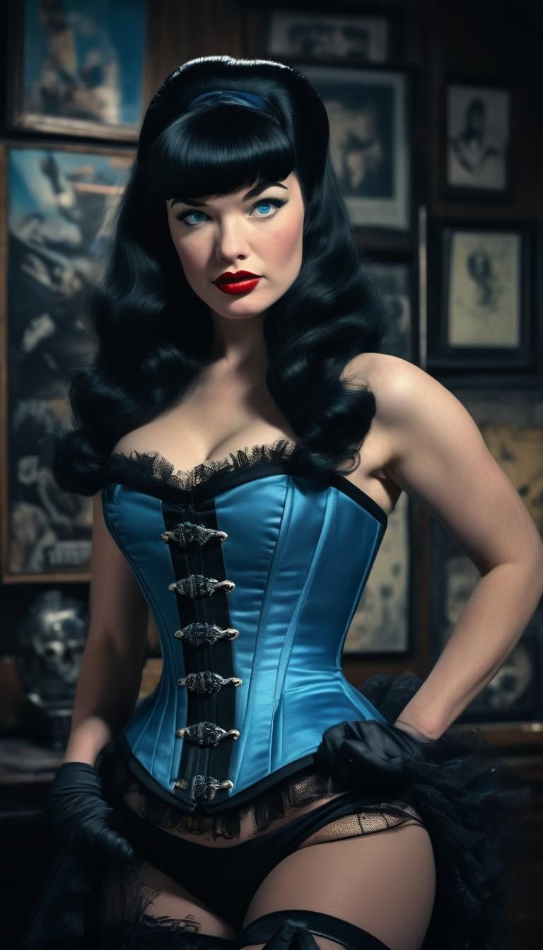 Hyperrealistic Portrait of Bettie Page in Black Corset