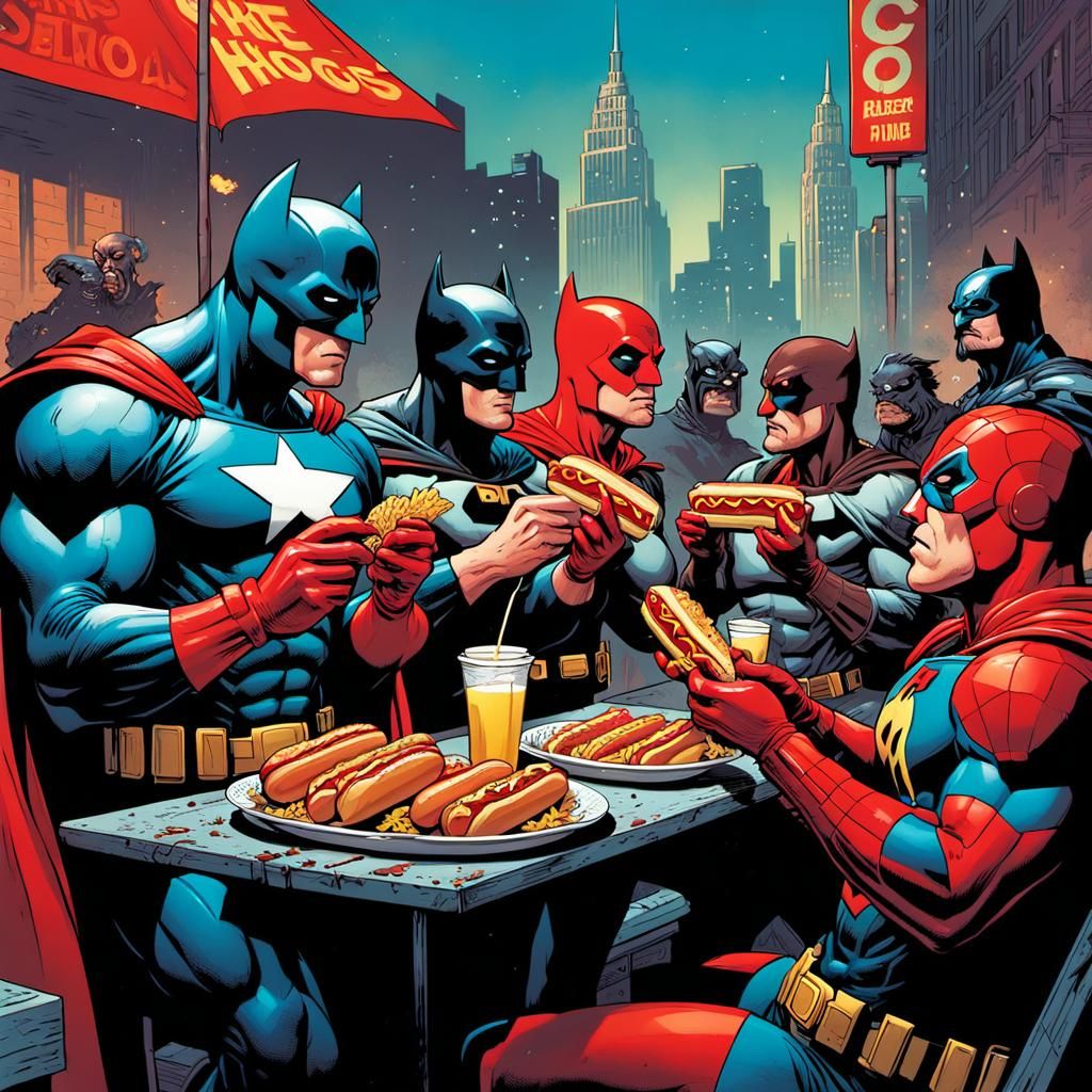 Superheroes Eating Hotdogs in Comic Book Style