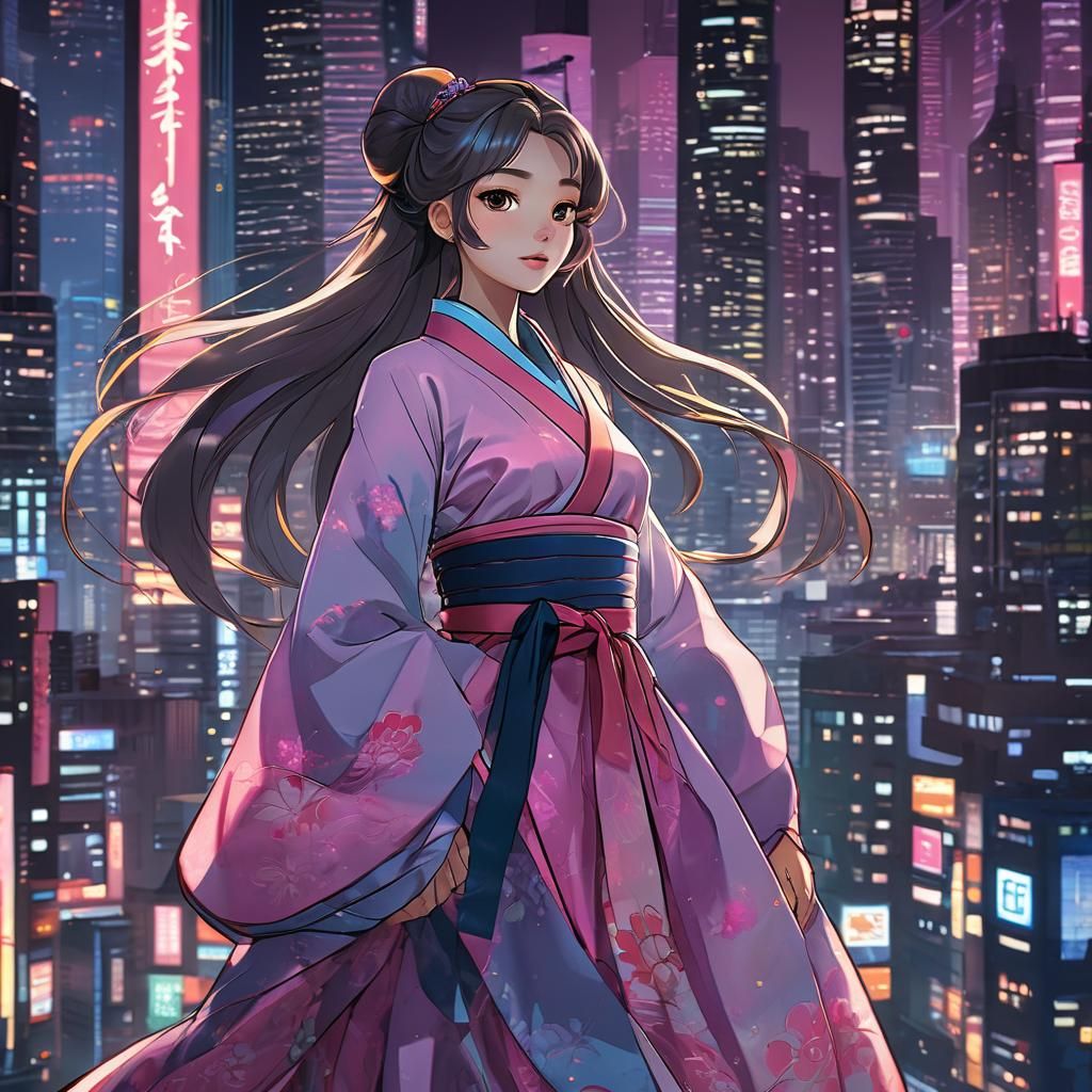Princess in Hanbok in Neon Cityscape: Retro Anime Style