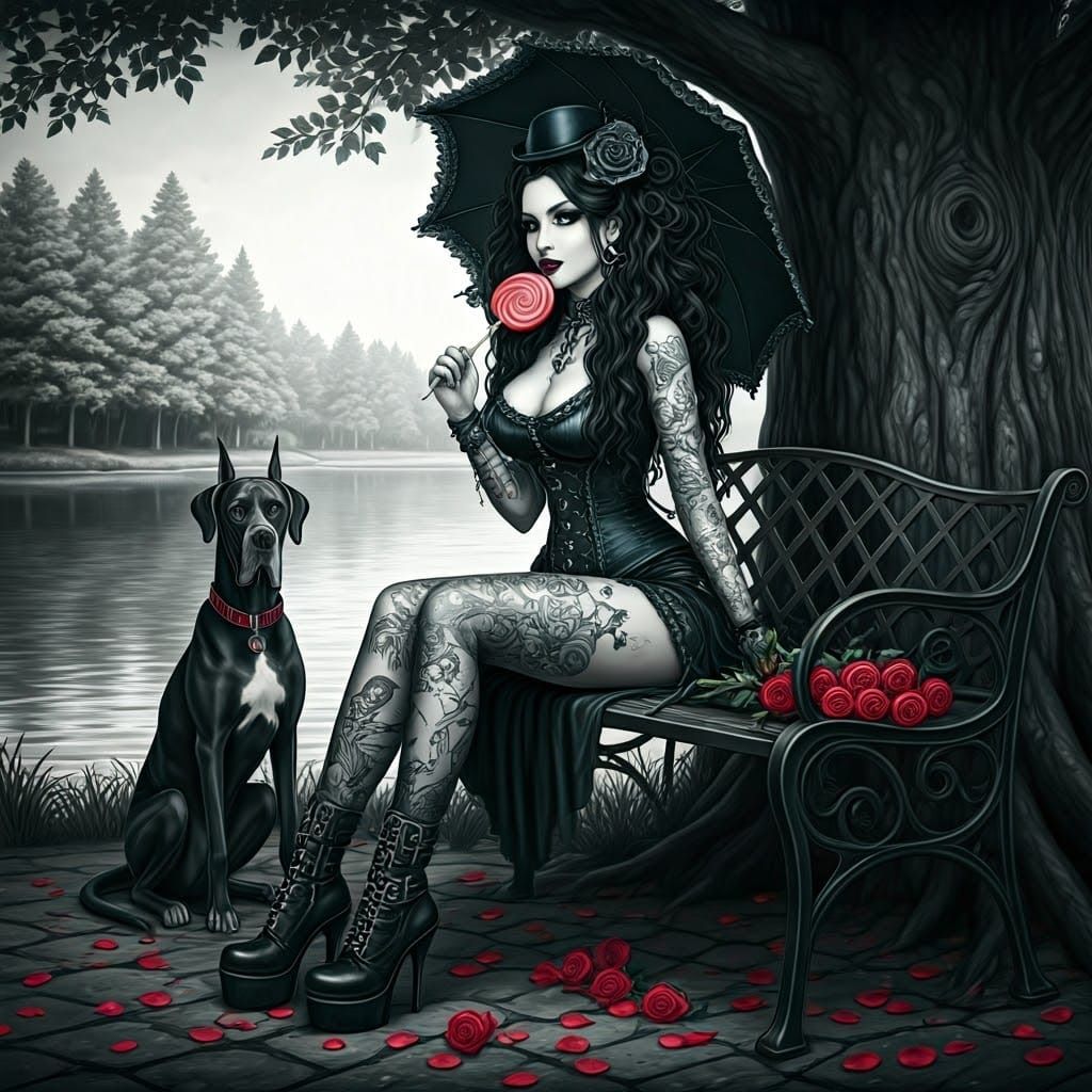 Gothic Woman with Lollipop in Dark Blue Ink