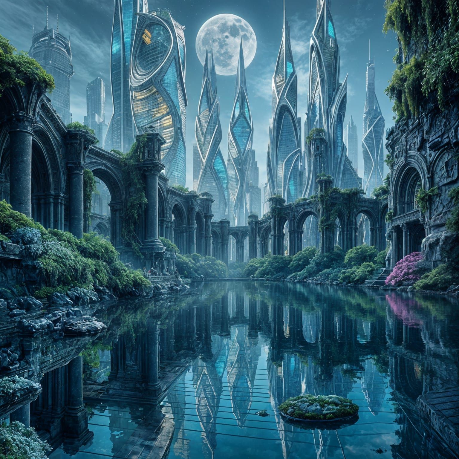 Futuristic Metropolis Meets Ancient Ruins in Harmony